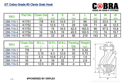 GT Cobra Grade 80 Clevis Grab Hook