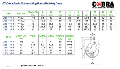 GT Cobra Grade 80 Clevis Sling Hook with Safety Catch