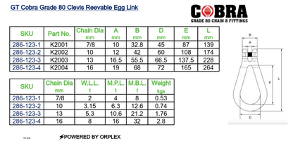 GT Cobra Grade 80 Clevis Reevable Egg Link