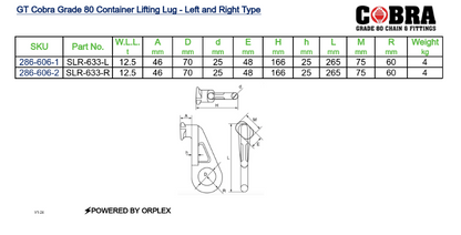 GT Cobra Grade 80 Container Lifting Lug - Left and Right Type