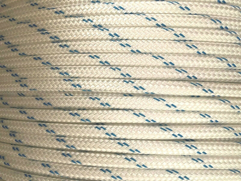8mm Pulling Rope - (PE 2,050 kgs)  (SGE 1,845 kgs) Polyester Double Braid White with Blue Fleck